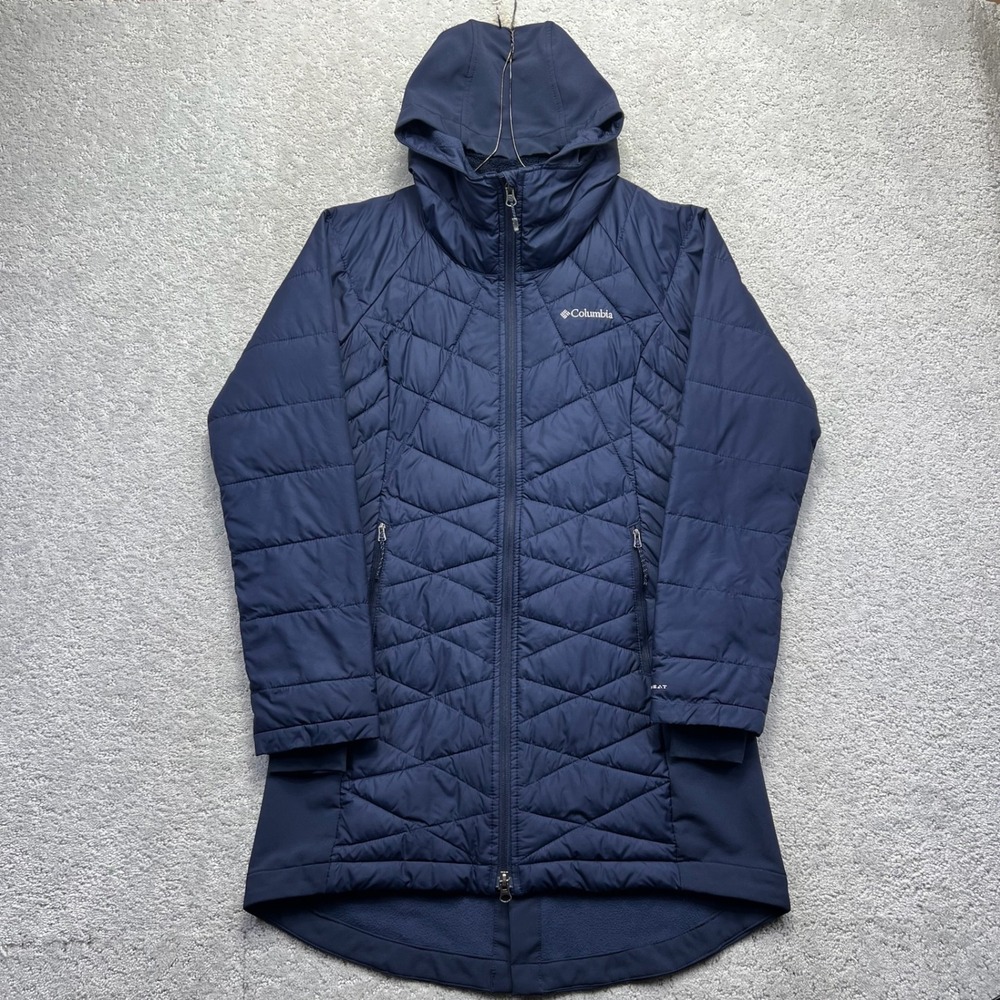 Columbia Heavenly Long Hybrid Jacket Womens Medium Navy Blue Quilted Omni-Heat